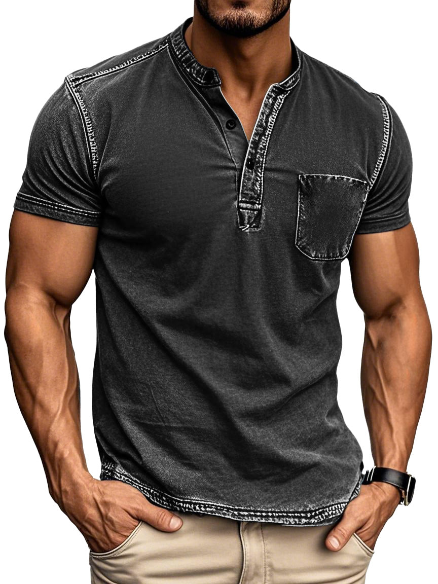 Men's Vintage Outdoor Distressed Short Sleeve Pocket Henley Shirt