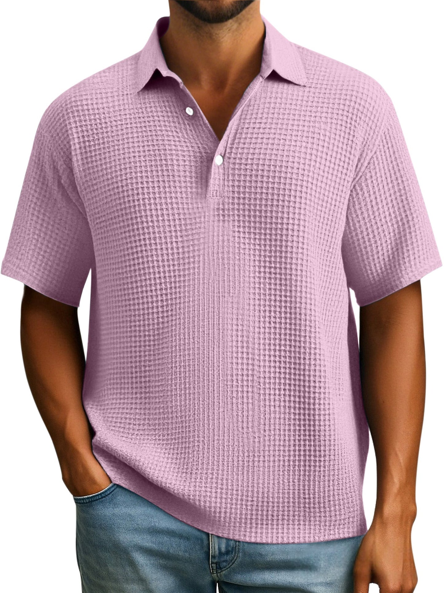 Men's Simple Everyday Solid Color Waffle Button Lapel Short Sleeve Polo Shirt