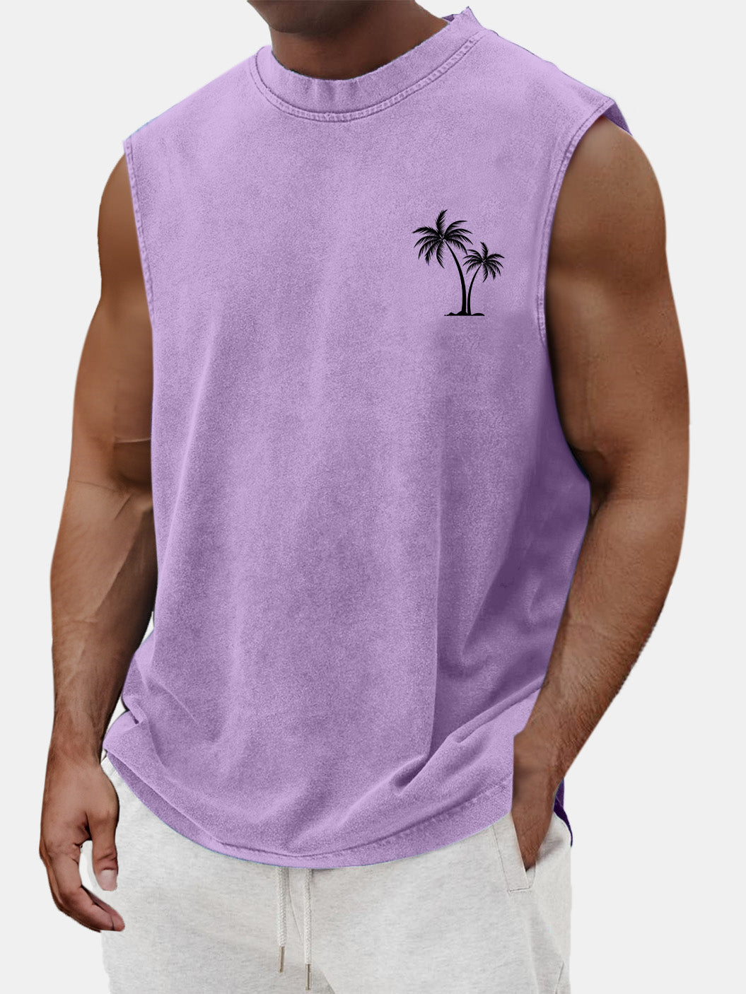 Men's Vintage Cotton Washed Coconut Palm Tree Print Round Neck Sleeveless T-shirt