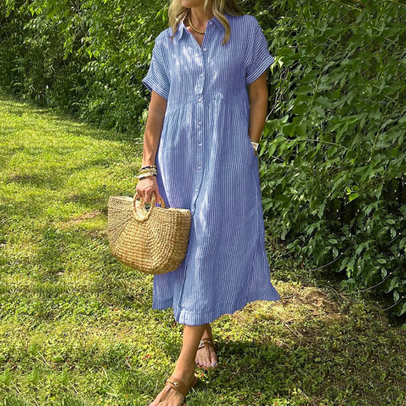 ð¥Striped Lapel Button Down Shirt Dress | With Functional Pockets