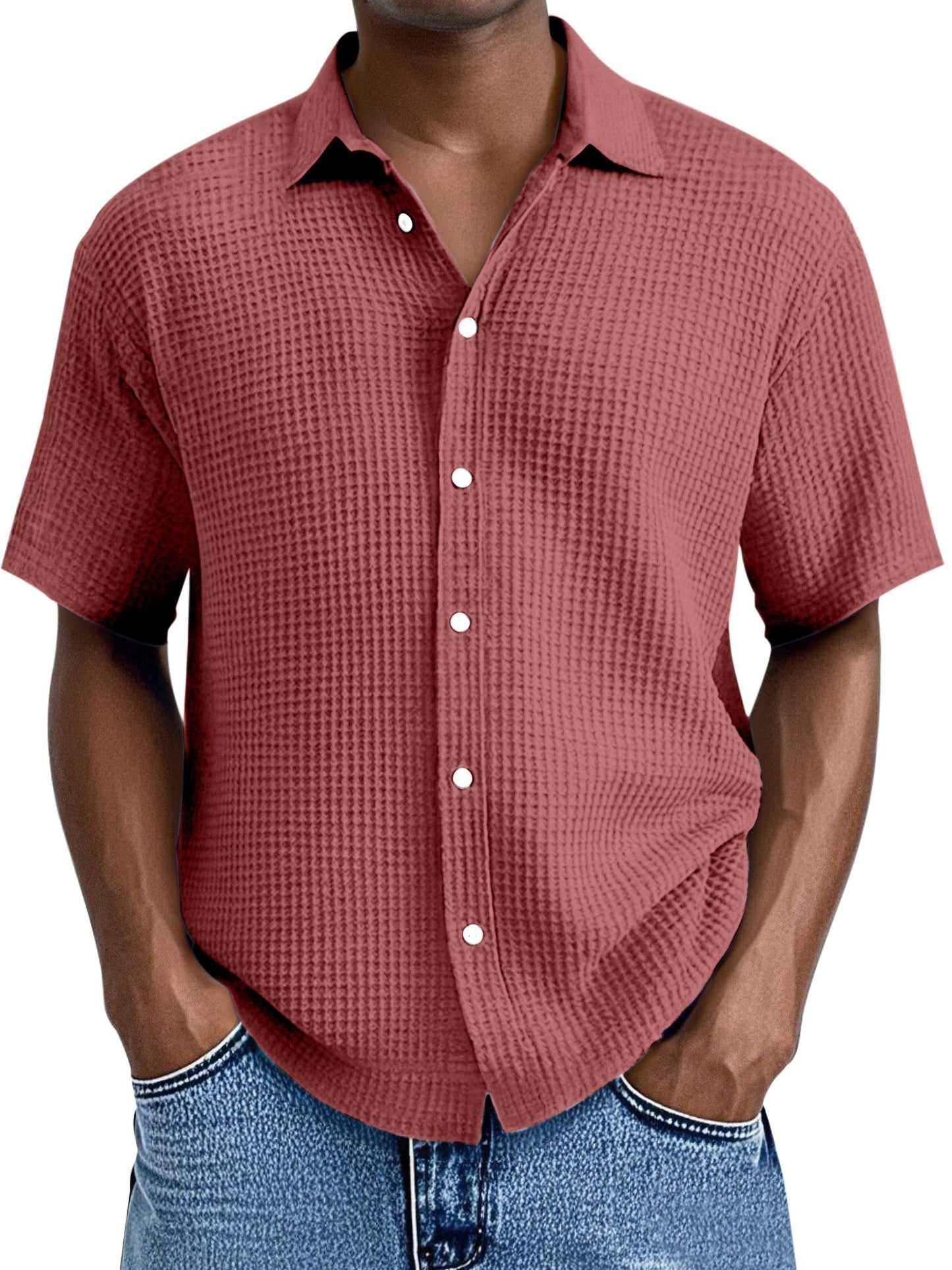Men's Everyday Loose Waffle Textured Lapel Button-down Short Sleeve Shirt