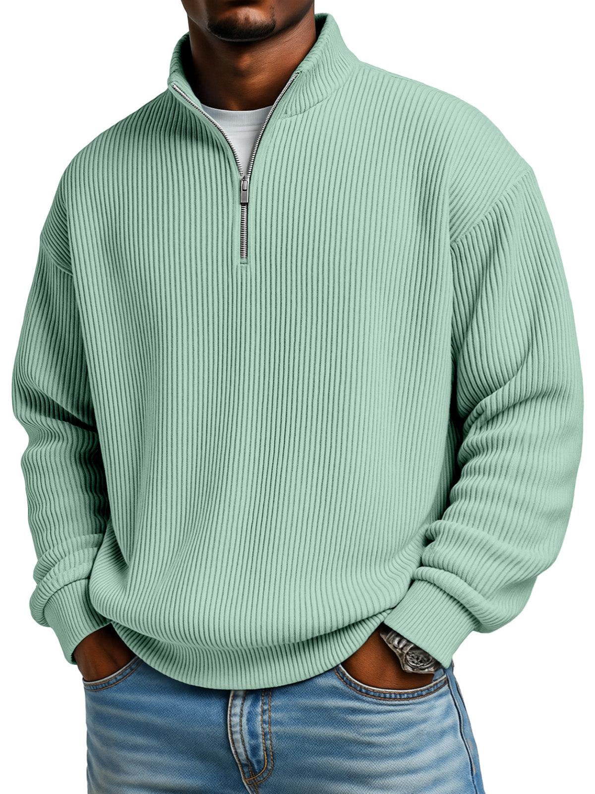 Men's Solid Color Vertical Pit Texture Stand Collar Zipper Long Sleeve Sweater