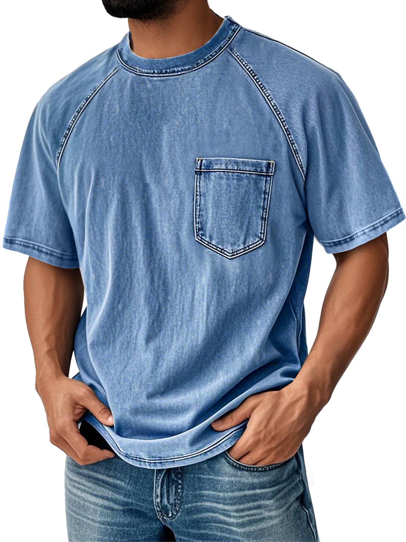 Men's Retro Round Neck Raglan Sleeve Casual Pocket Short Sleeve T-Shirt