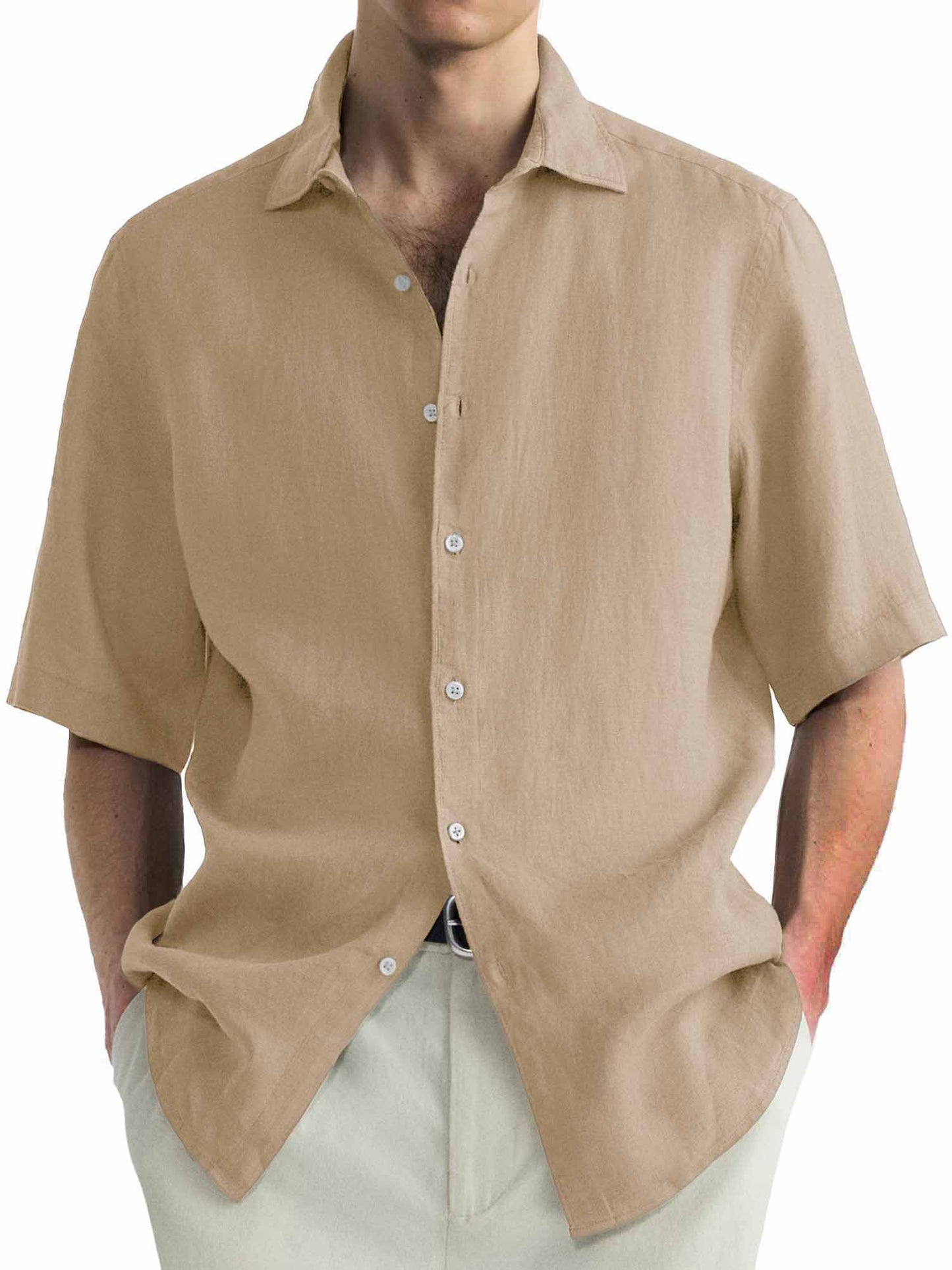 Men's Cotton Hawaiian  Summer Comfortable Casual Basic Solid Color Short Sleeve Shirt