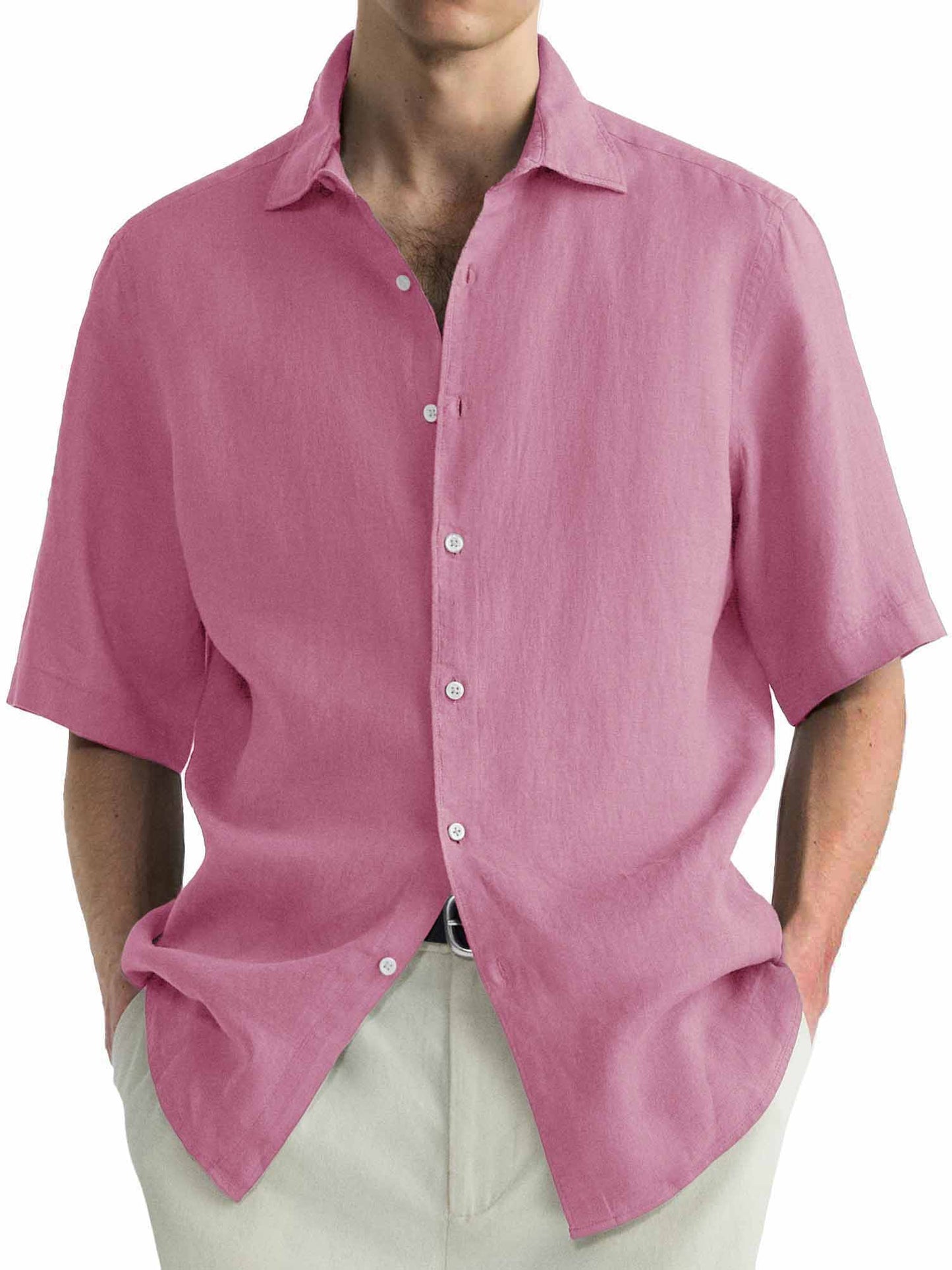 Men's Cotton Hawaiian  Summer Comfortable Casual Basic Solid Color Short Sleeve Shirt