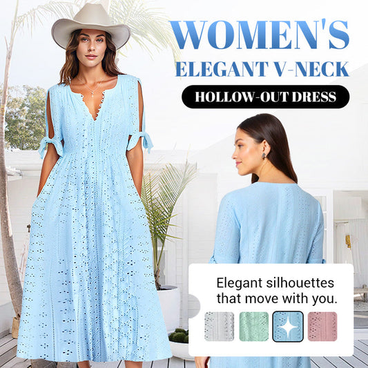 👗50% OFF NOW! 💃 Women's Elegant V-Neck Hollow-Out Solid Dress – Flattering cut, breathable fabric & perfect for summer parties or date nights ✨