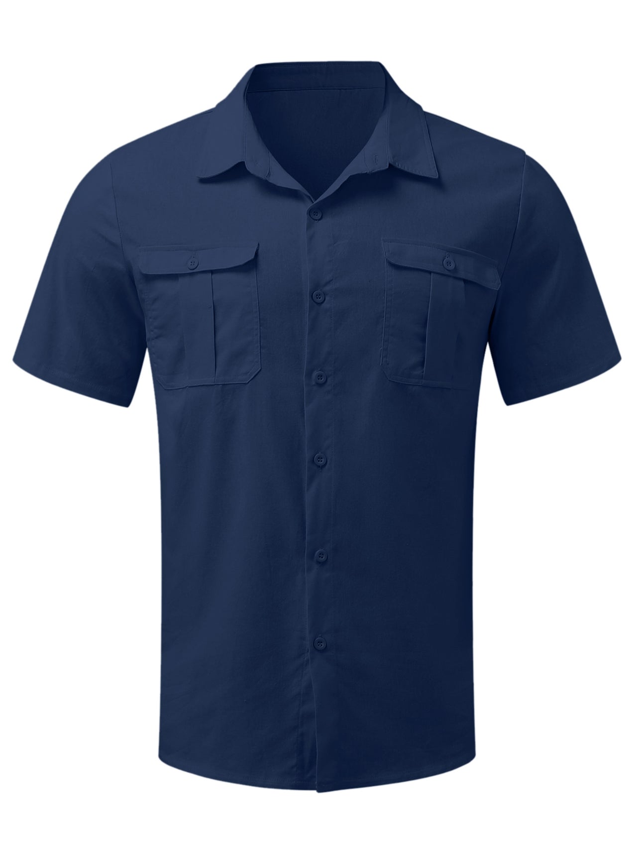 Mokaloha-Men's Solid Color Double Pocket Cotton Linen Casual Short Sleeve Shirt
