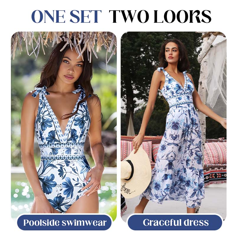 🥳2026 HOT SALE🥳💞50K+ SOLD!👵🌊50% OFF! V-Neck Lace Up One Piece Swimsuit with Skirt – Feel confident at the beach! Built-in skirt offers gentle coverage. Lace-up neck, adjustable fit. Quick-dry fabric, comfy all day. 🏖️🌸