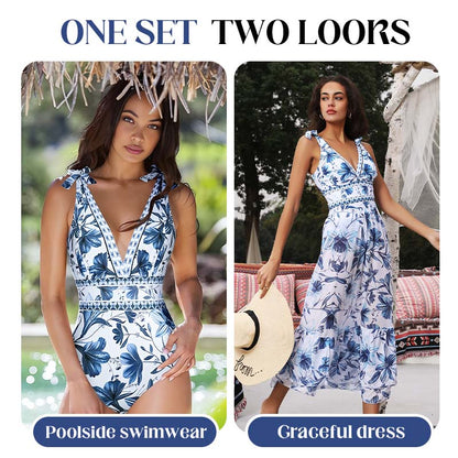 🥳2026 HOT SALE🥳💞50K+ SOLD!👵🌊50% OFF! V-Neck Lace Up One Piece Swimsuit with Skirt – Feel confident at the beach! Built-in skirt offers gentle coverage. Lace-up neck, adjustable fit. Quick-dry fabric, comfy all day. 🏖️🌸