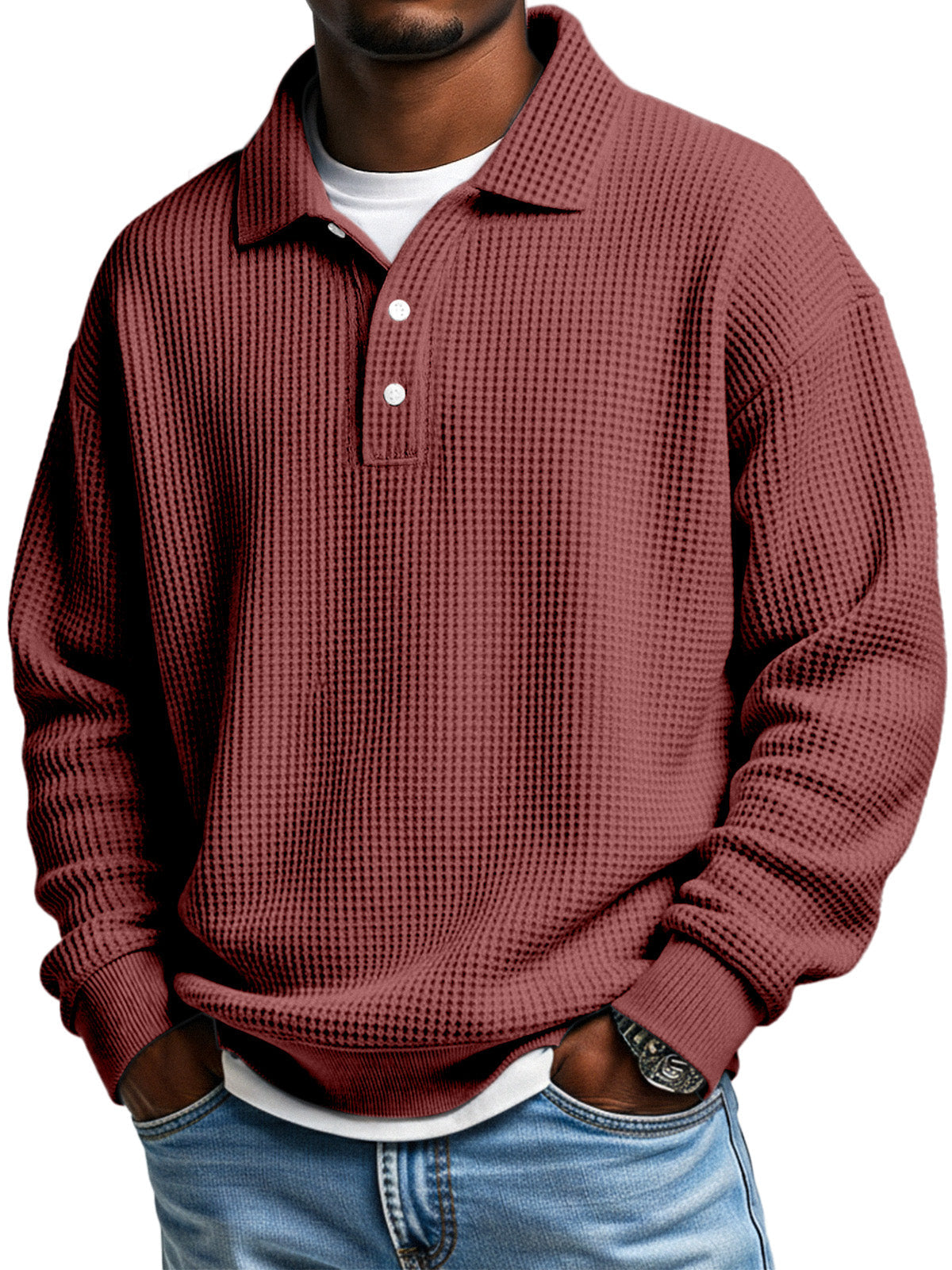 Men's Daily Loose Simple Waffle Lapel Button Long Sleeve POLO Shirt
