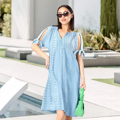 👗50% OFF NOW! 💃 Women's Elegant V-Neck Hollow-Out Solid Dress – Flattering cut, breathable fabric & perfect for summer parties or date nights ✨