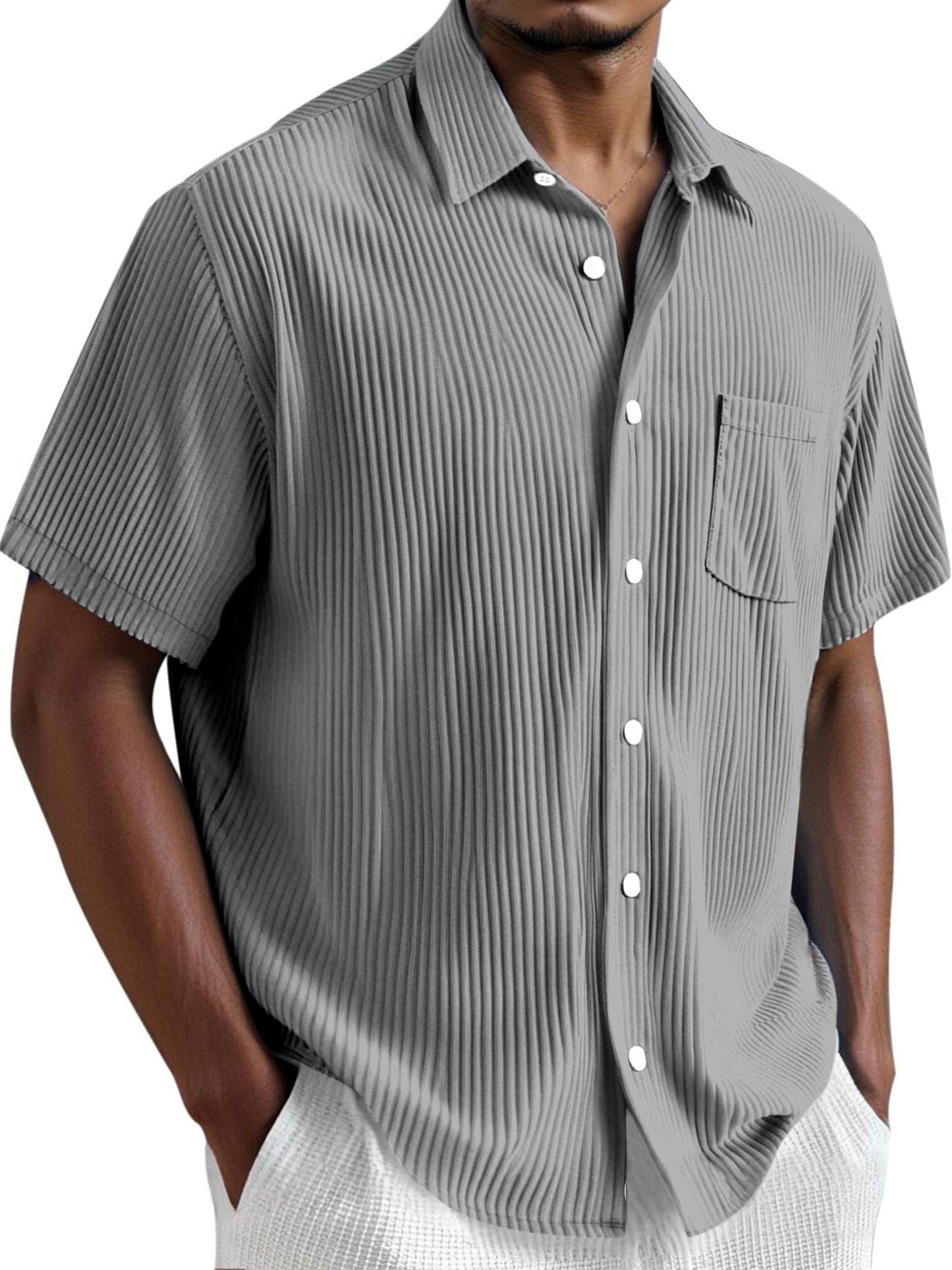 Men's Simple Solid Color Vertical Pit Short Sleeve Shirt