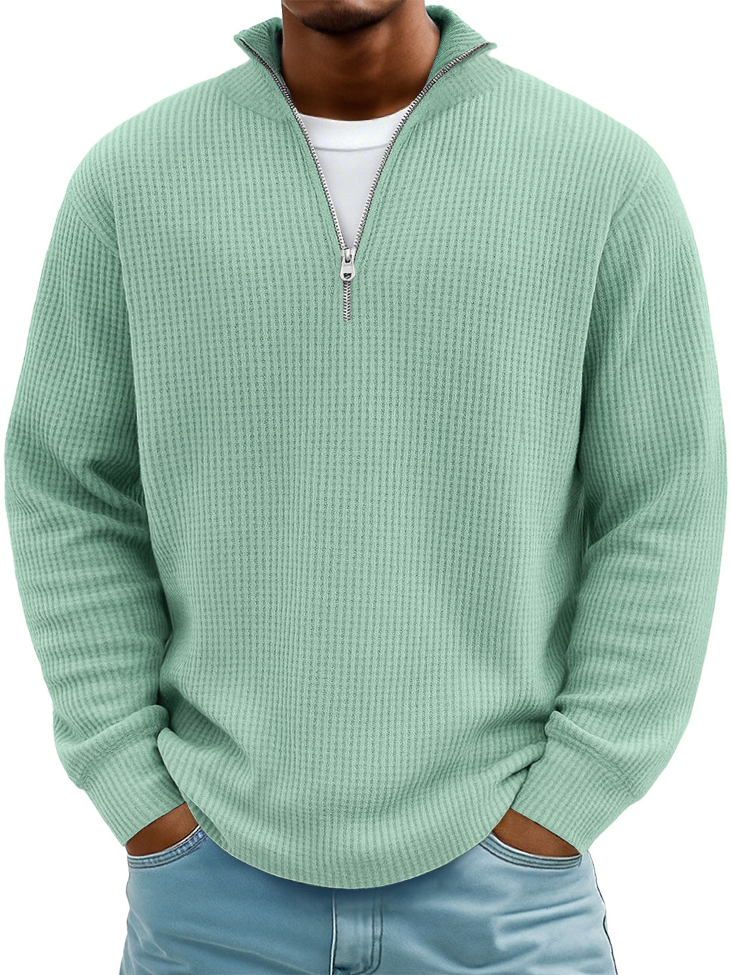 Men's Casual Simple Breathable Fabric Stand Collar Zipper Long Sleeve T-shirt