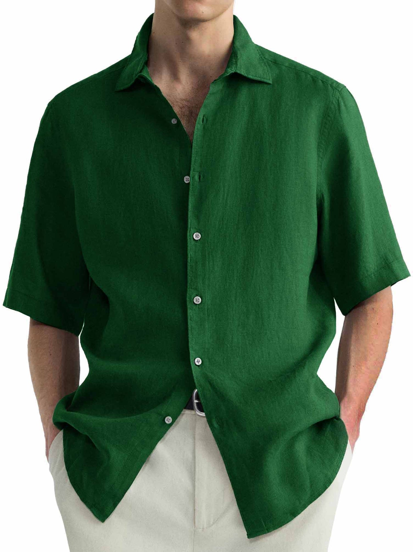 Men's Cotton Hawaiian  Summer Comfortable Casual Basic Solid Color Short Sleeve Shirt