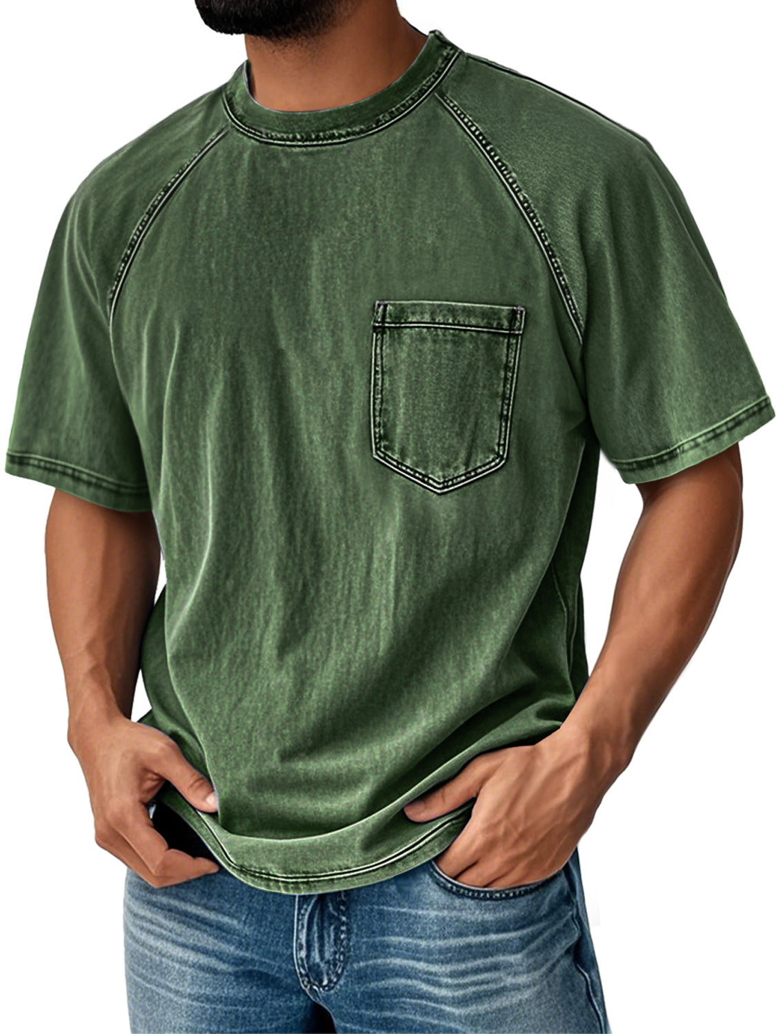 Men's Retro Round Neck Raglan Sleeve Casual Pocket Short Sleeve T-Shirt