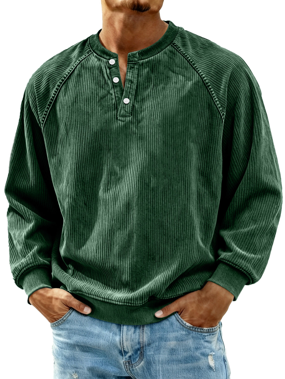Men's Retro Corduroy Raglan Casual Long-Sleeve Henley Shirt
