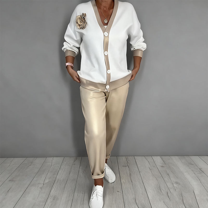 Women’s Casual V-Neck Top & High Waist Pants 2-Piece Set