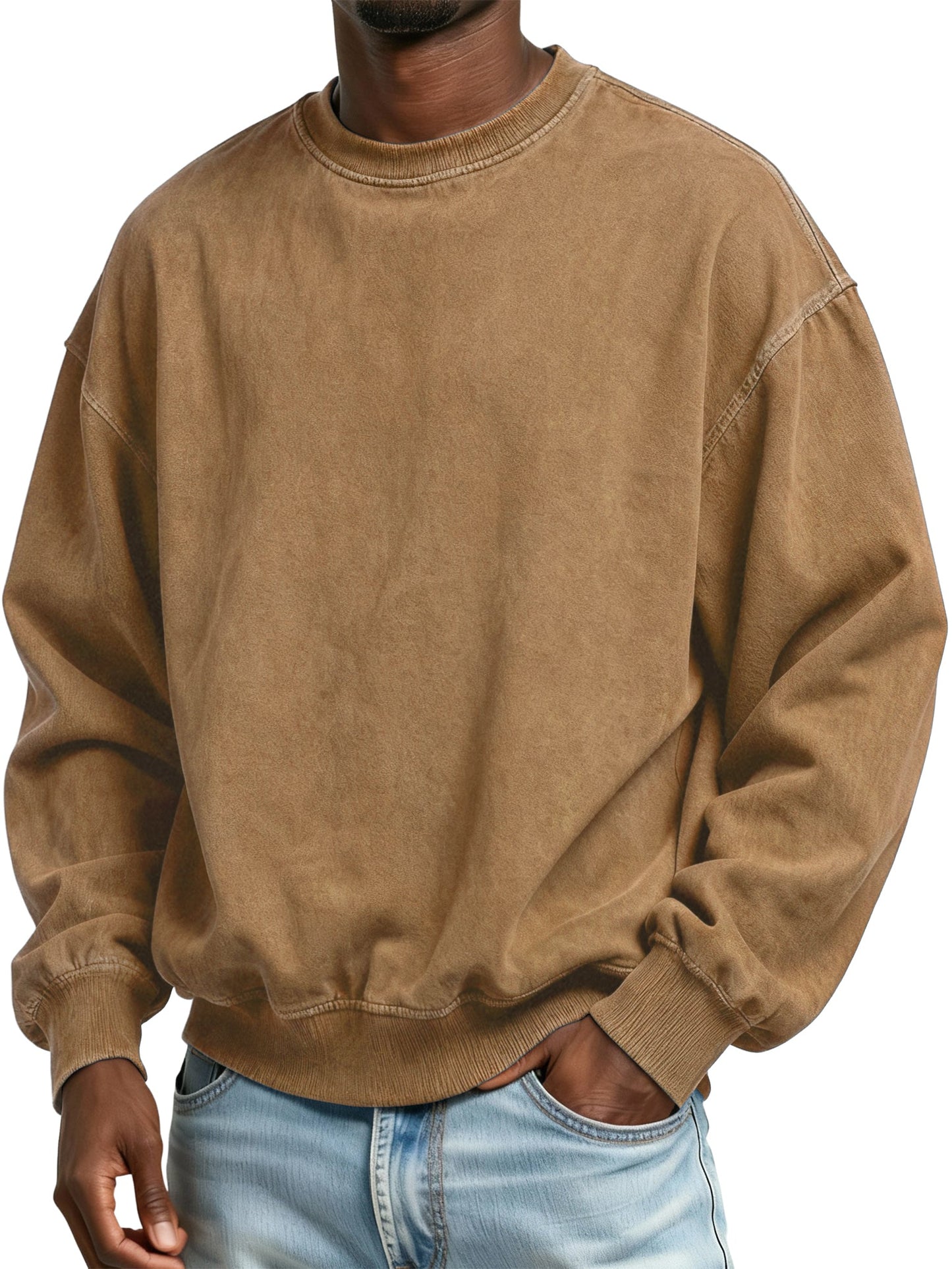 Men's Vintage Washed Distressed Batik Cotton Crew Neck Long Sleeve Sweatshirt