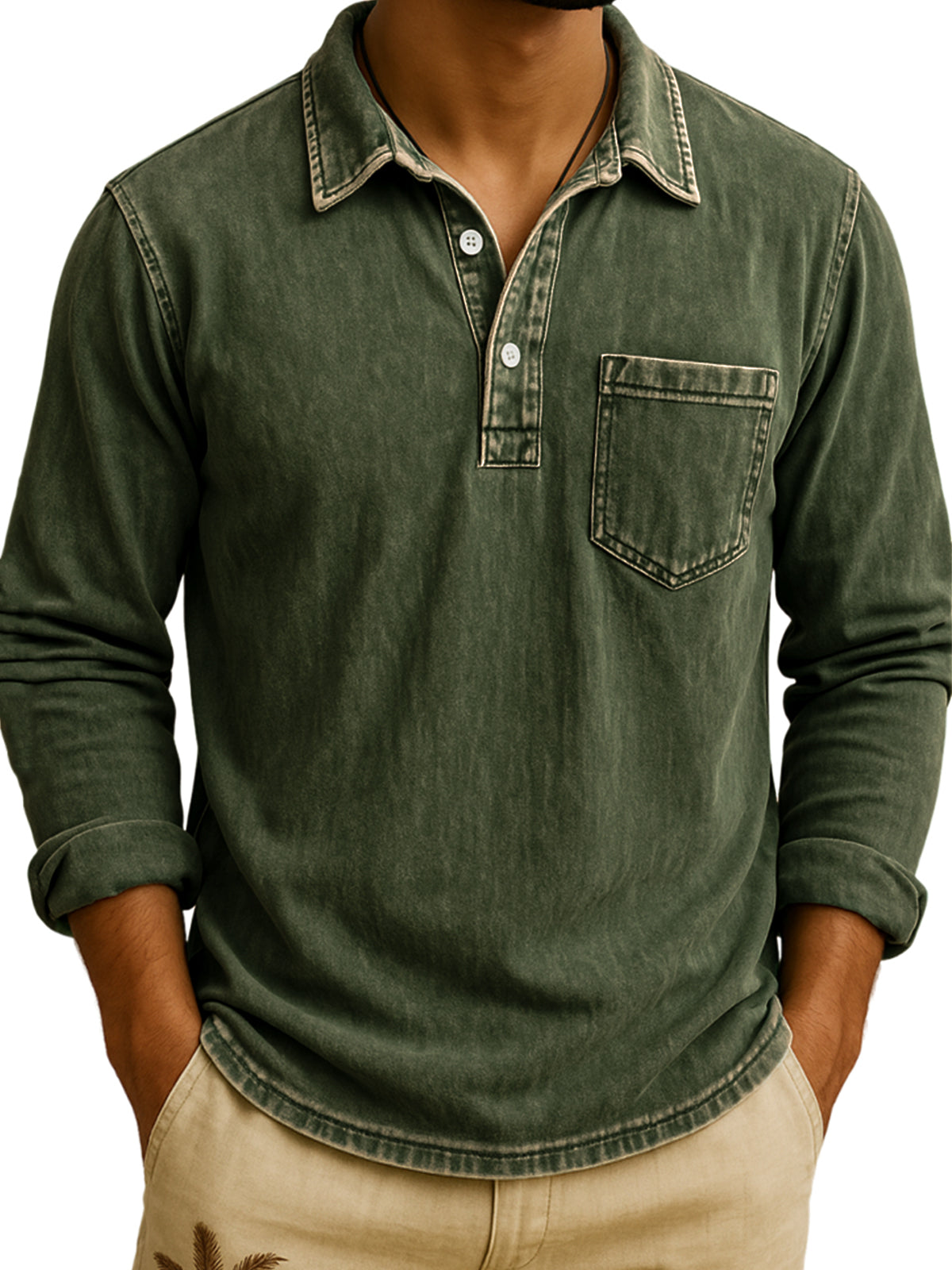 Men's Vintage Long Sleeve Polo Shirt with Chest Pocket