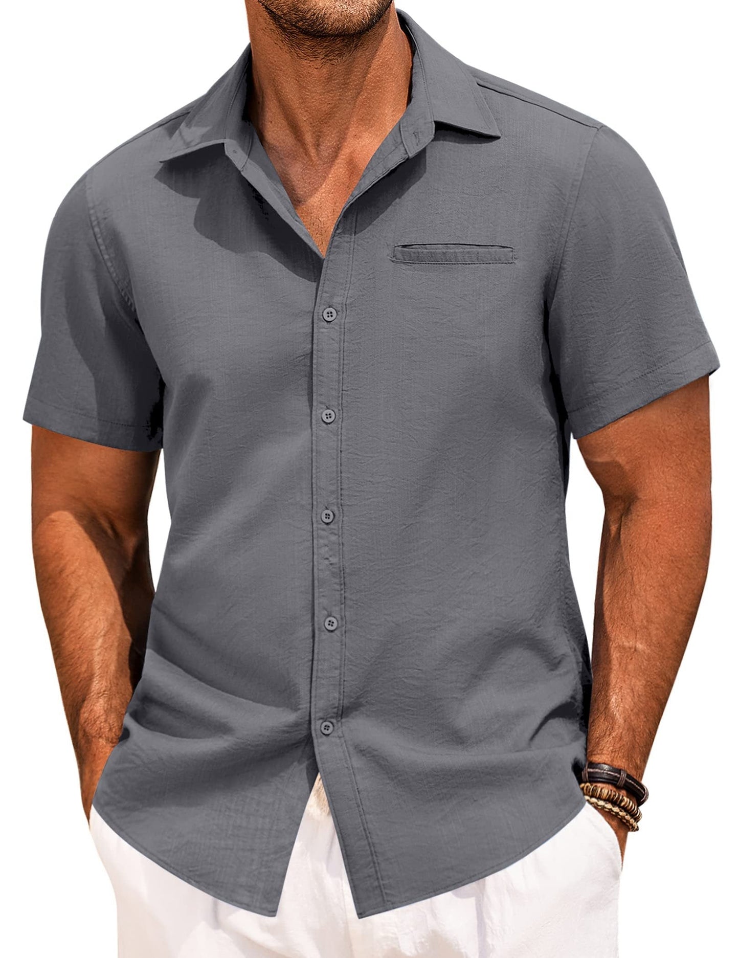 Men's Fake Pocket Linen Shirt Short Sleeve Button Up Shirt Summer Beach Hawaiian Shirt