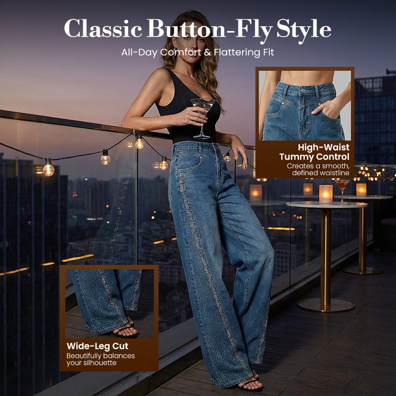 Women's Rhinestone-Embellished Wide-Leg Jeans