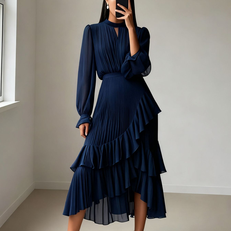 💎 60% OFF! 💎 Women's Keyhole Neckline Ruffled Midi Dress – Pleated Silhouette, Sheer Sleeves & Romantic Asymmetrical Hem 💃