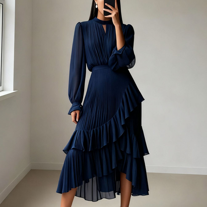 💎 60% OFF! 💎 Women's Keyhole Neckline Ruffled Midi Dress – Pleated Silhouette, Sheer Sleeves & Romantic Asymmetrical Hem 💃