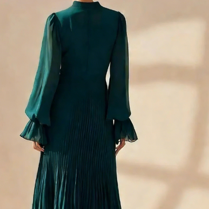 💎 60% OFF! 💎 Women's Keyhole Neckline Ruffled Midi Dress – Pleated Silhouette, Sheer Sleeves & Romantic Asymmetrical Hem 💃