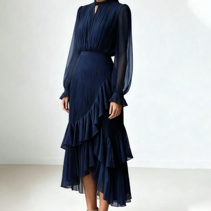 💎 60% OFF! 💎 Women's Keyhole Neckline Ruffled Midi Dress – Pleated Silhouette, Sheer Sleeves & Romantic Asymmetrical Hem 💃