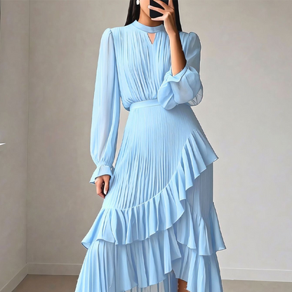 💎 60% OFF! 💎 Women's Keyhole Neckline Ruffled Midi Dress – Pleated Silhouette, Sheer Sleeves & Romantic Asymmetrical Hem 💃