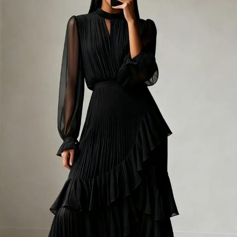 💎 60% OFF! 💎 Women's Keyhole Neckline Ruffled Midi Dress – Pleated Silhouette, Sheer Sleeves & Romantic Asymmetrical Hem 💃