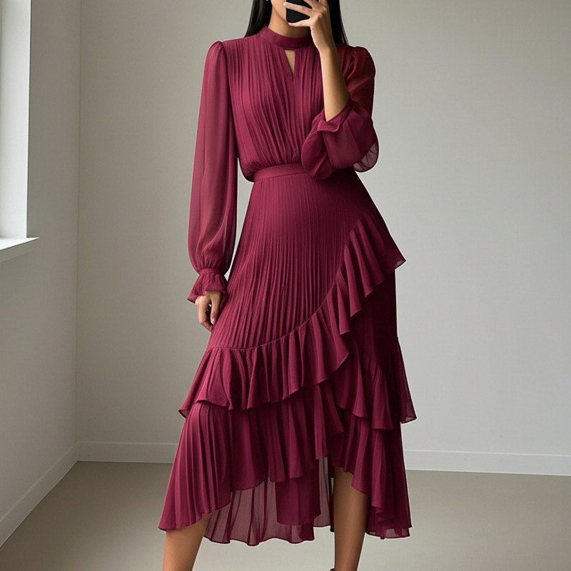 💎 60% OFF! 💎 Women's Keyhole Neckline Ruffled Midi Dress – Pleated Silhouette, Sheer Sleeves & Romantic Asymmetrical Hem 💃