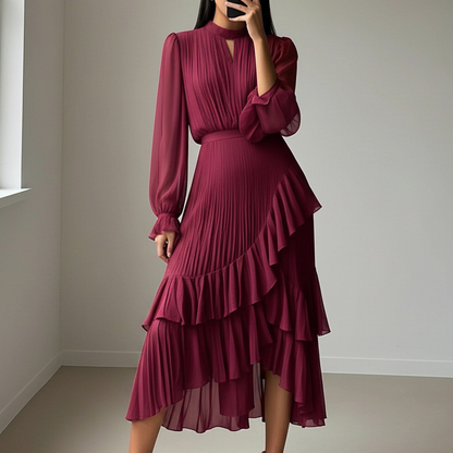 💎 60% OFF! 💎 Women's Keyhole Neckline Ruffled Midi Dress – Pleated Silhouette, Sheer Sleeves & Romantic Asymmetrical Hem 💃