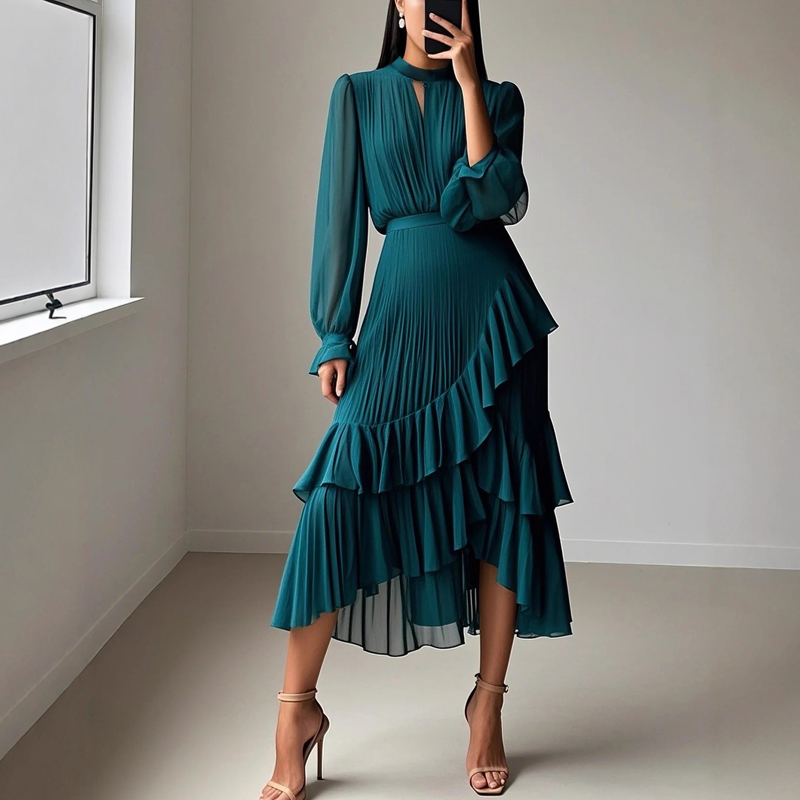 💎 60% OFF! 💎 Women's Keyhole Neckline Ruffled Midi Dress – Pleated Silhouette, Sheer Sleeves & Romantic Asymmetrical Hem 💃