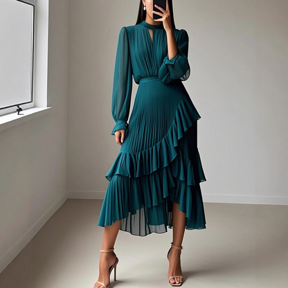 💎 60% OFF! 💎 Women's Keyhole Neckline Ruffled Midi Dress – Pleated Silhouette, Sheer Sleeves & Romantic Asymmetrical Hem 💃