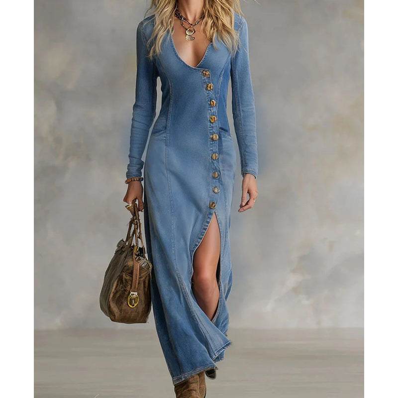 💎50% OFF! 💎 Women's Long Sleeve V-Neck Maxi Dress – Soft Fabric, Bodycon Fit & Elegant High Slit 👗✨