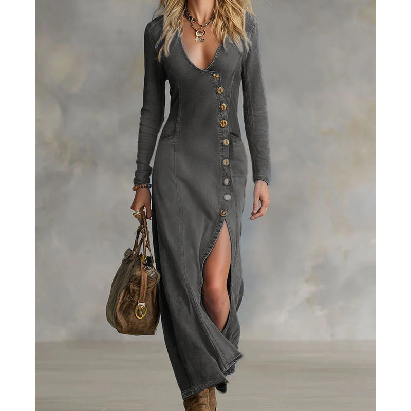 💎50% OFF! 💎 Women's Long Sleeve V-Neck Maxi Dress – Soft Fabric, Bodycon Fit & Elegant High Slit 👗✨