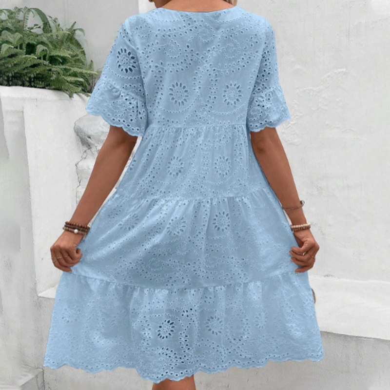 Women's Solid Round Neck Floral Cut-Out Dress