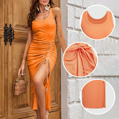 Vestido Tanque con Aberturas Laterales con Cordón Fruncido