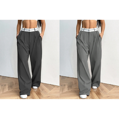 Women's Wide-Leg Suit Pants with Contrast Waistband