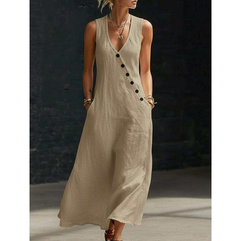 💎 50% OFF WOMEN'S MAXI DRESS WITH POCKETS ! 💎 V-Neck, Cotton-Linen Blend & Chic Asymmetrical Buttons ✨