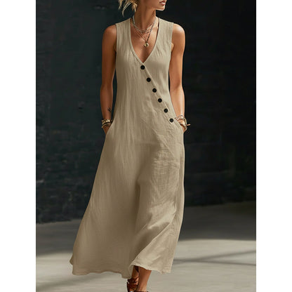 💎 50% OFF WOMEN'S MAXI DRESS WITH POCKETS ! 💎 V-Neck, Cotton-Linen Blend & Chic Asymmetrical Buttons ✨