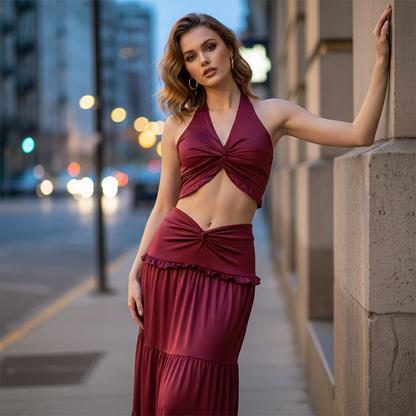 Halter Neck Crop Top & Maxi Skirt Two-Piece Set